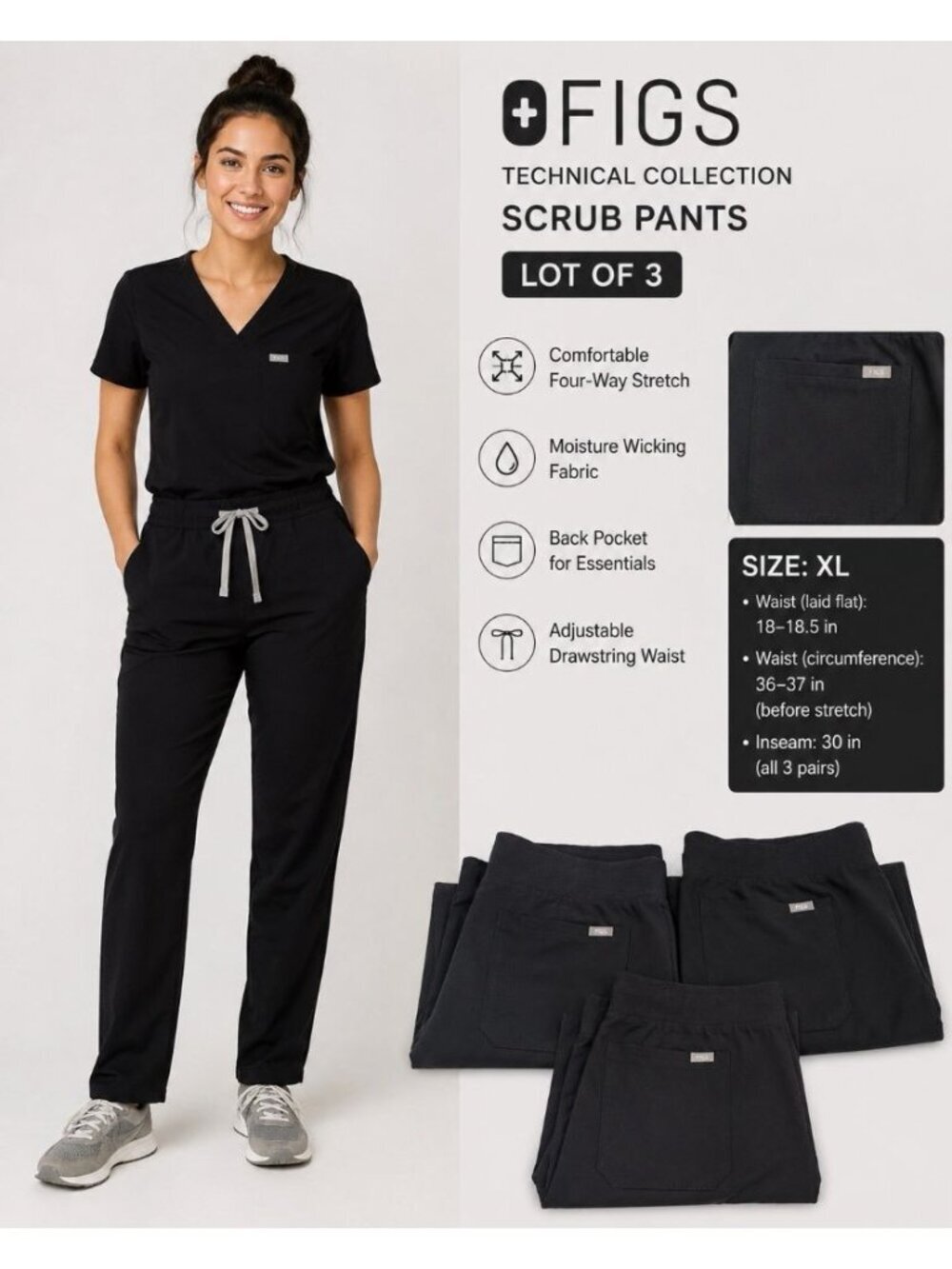 FIGS Technical Collection Scrub Pants Lot of 3 Black XL Drawstring Medical